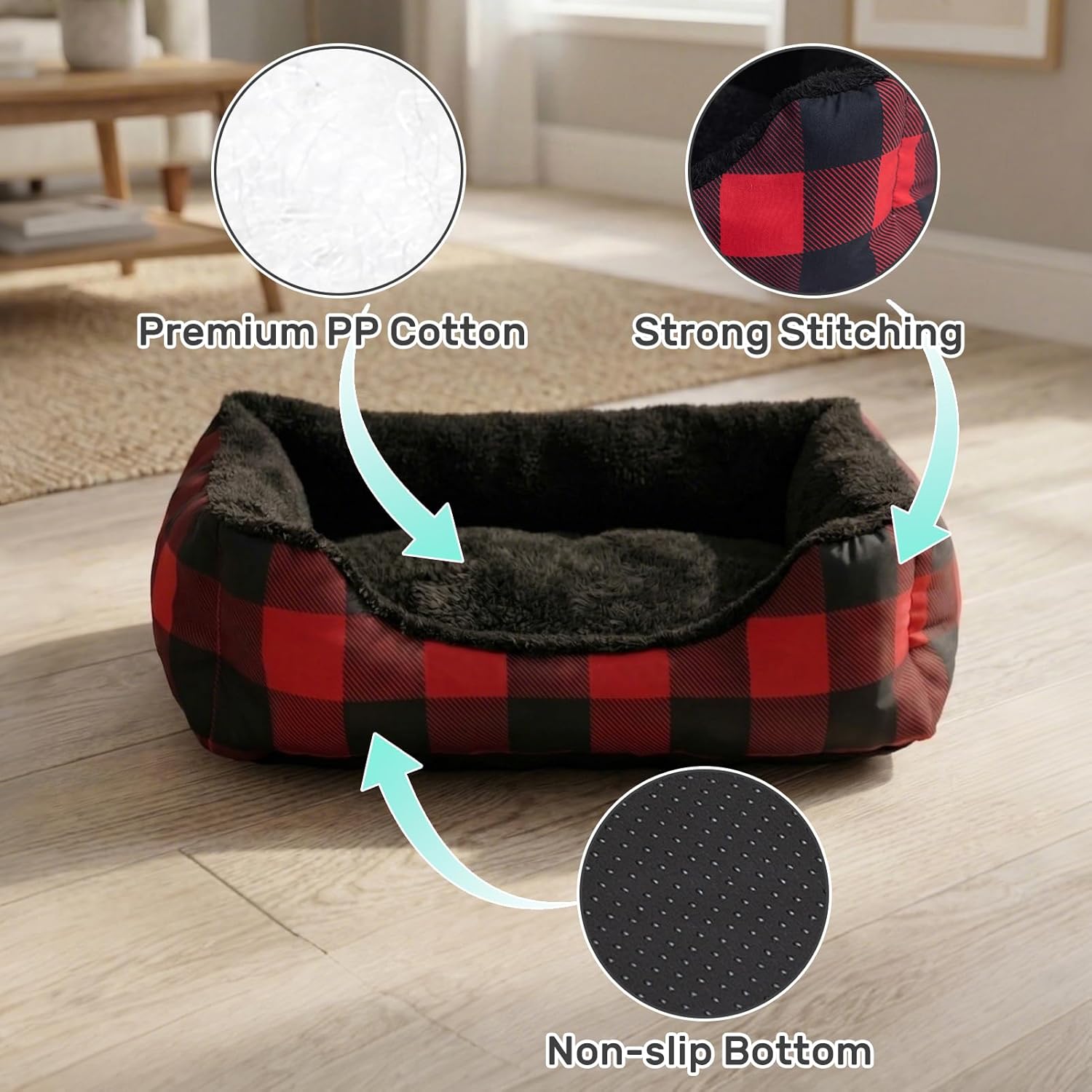 Hollypet Printed Flannel Rectangle Plush Dog Cat Bed Self-Warming Pet Bed, Red Checked