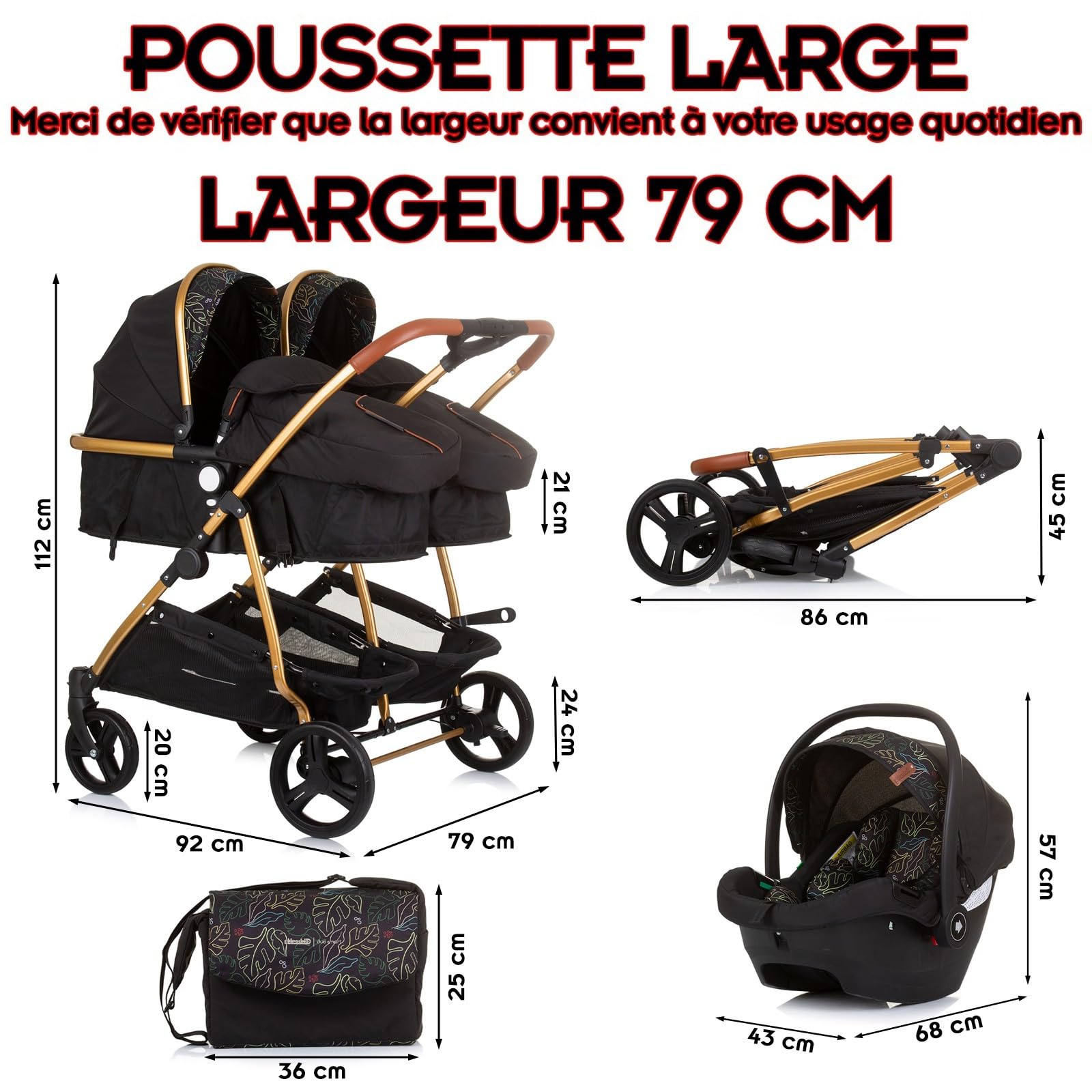 DUO SMART Poussette jumeaux ou enfants rapprochés largeur 79 cm Noir/Feuilles + 2 cosy noir/feuilles