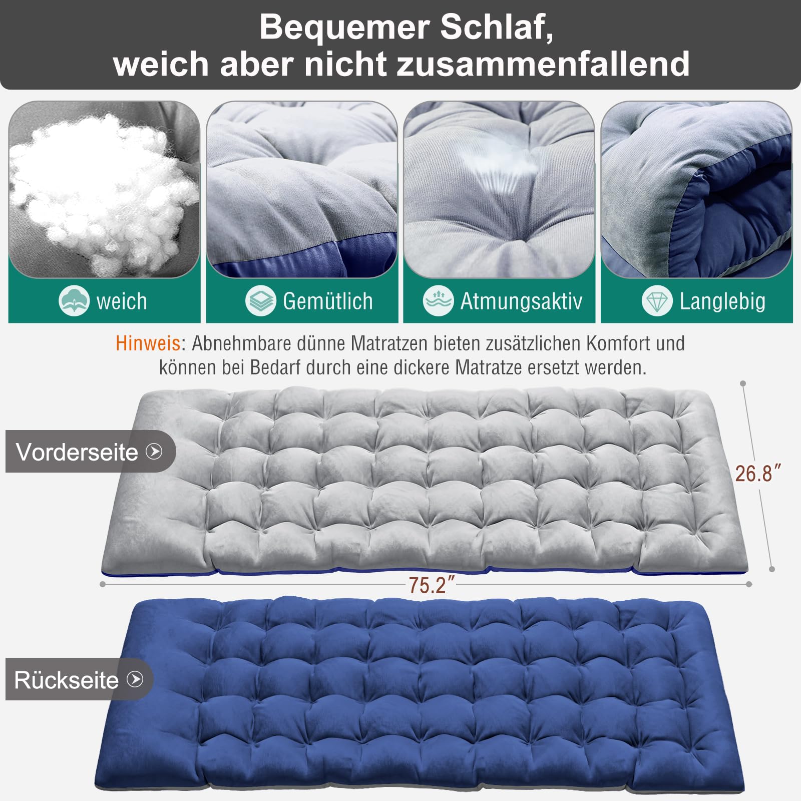 Gästebett Klappbar, 200kg Tragkraft Campingbett Mit Matratze | mit Kopfstütze Seitentaschen, 5-Fach Verstellbare RüCkenlehne, Feldbett Klappbar Geeignet FüR Schlafzimmer, BüRo, Garten Pool