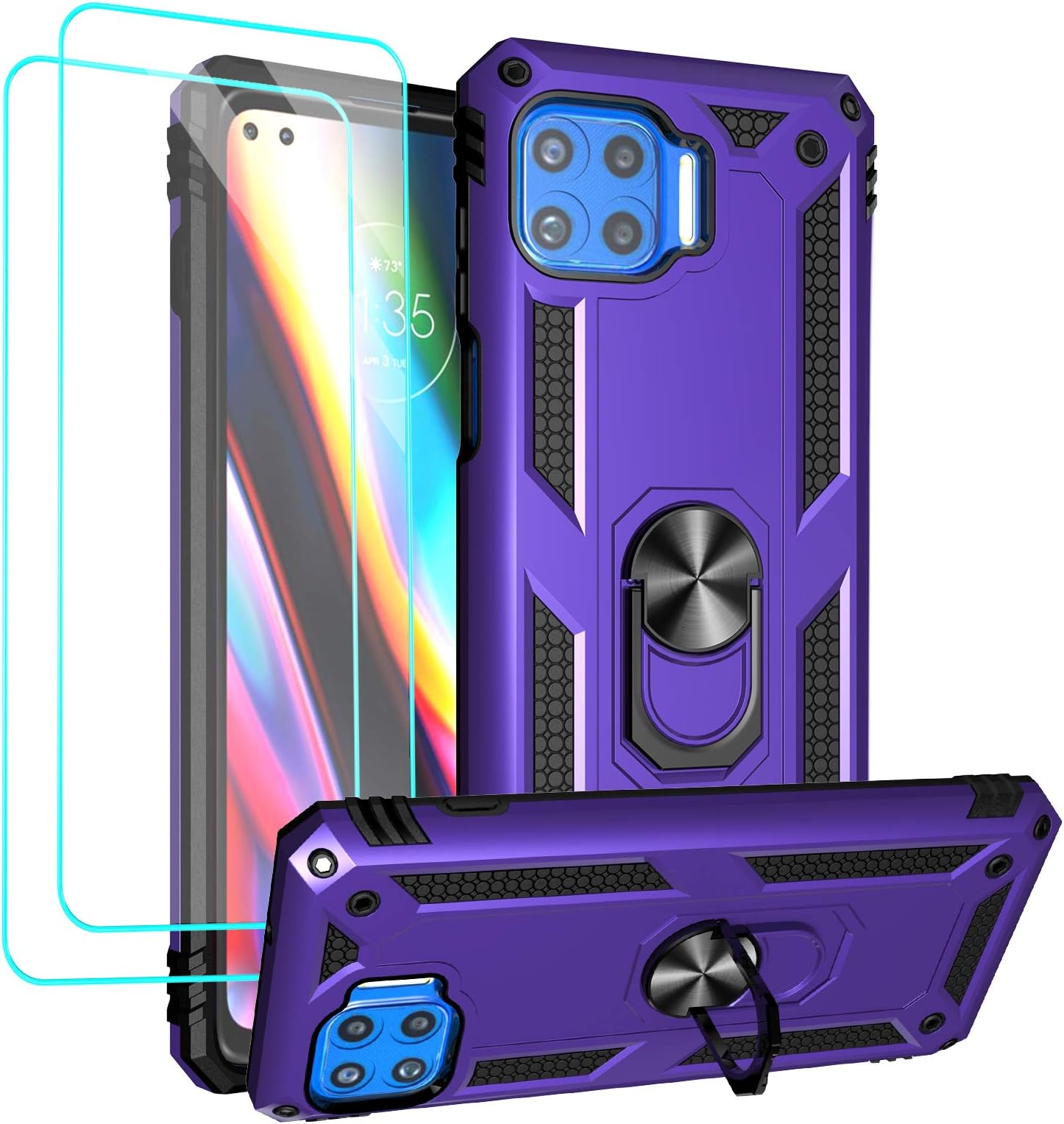 Androgate Compatible with Moto One 5G Case, Motorola One 5G UW Case, with Tempered Glass Screen Protectors, Military-Grade Metal Ring Kickstand 22ft Drop Tested Shockproof Cover Case, Purple