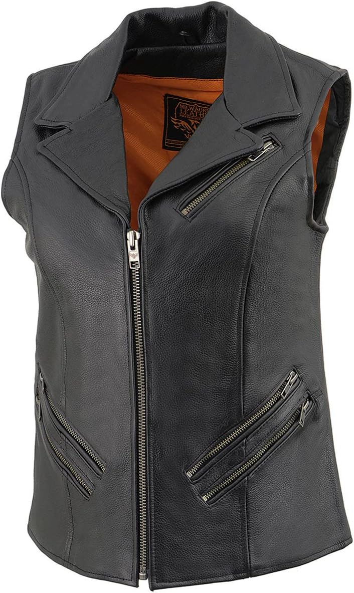 Milwaukee Women's Motorcycle Riding Lapel Collar 7 Pocket Long Front Zipper Leather Vest (X-Small)
