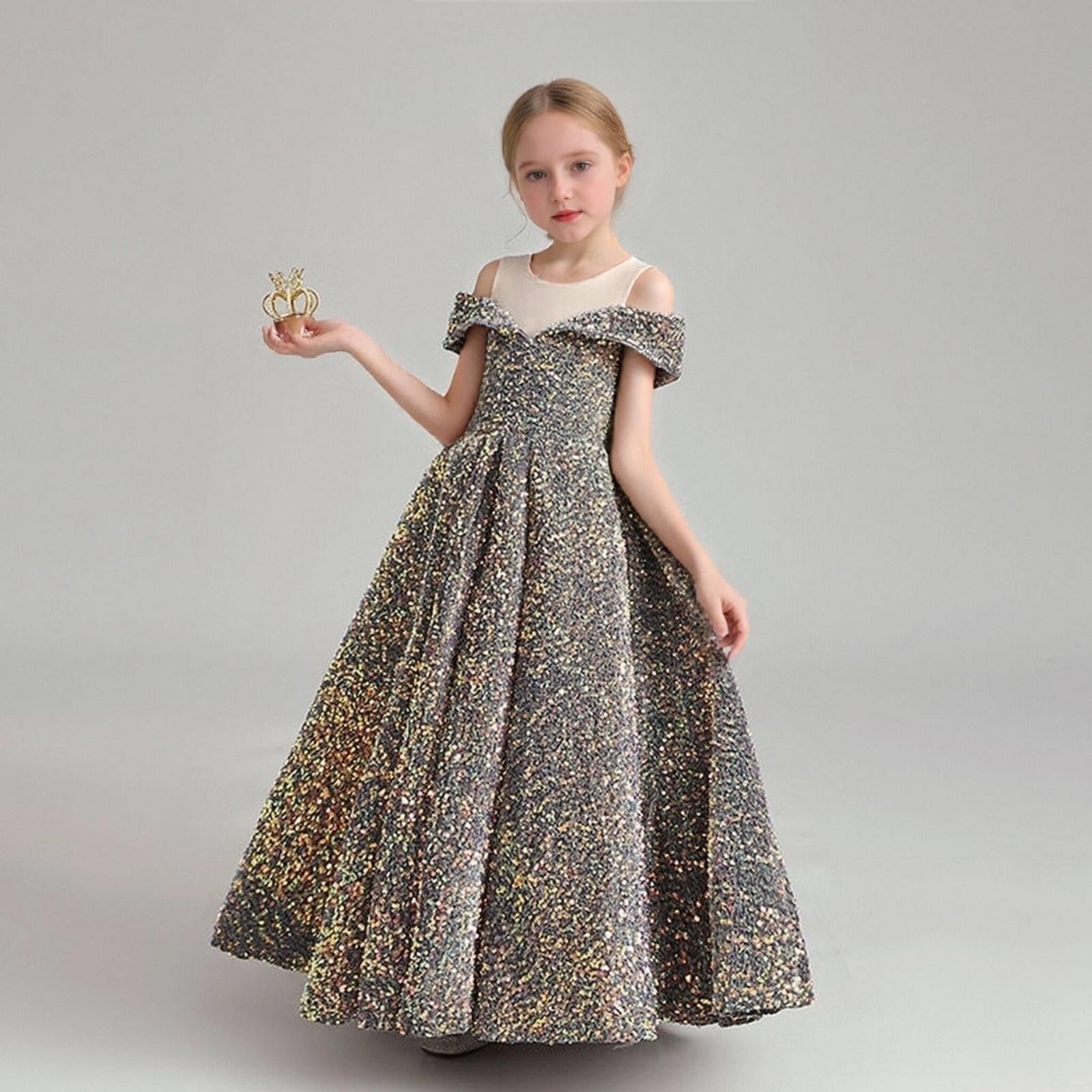 Mädchen Kleid Festlich Sommer Ärmellos Glitzer Pailletten Schulterfrei Prinzessin Kleider Kinder A-Linie Abschlusskleid Hochzeit Blumenmädchenkleider Geburtstag Abendkleider