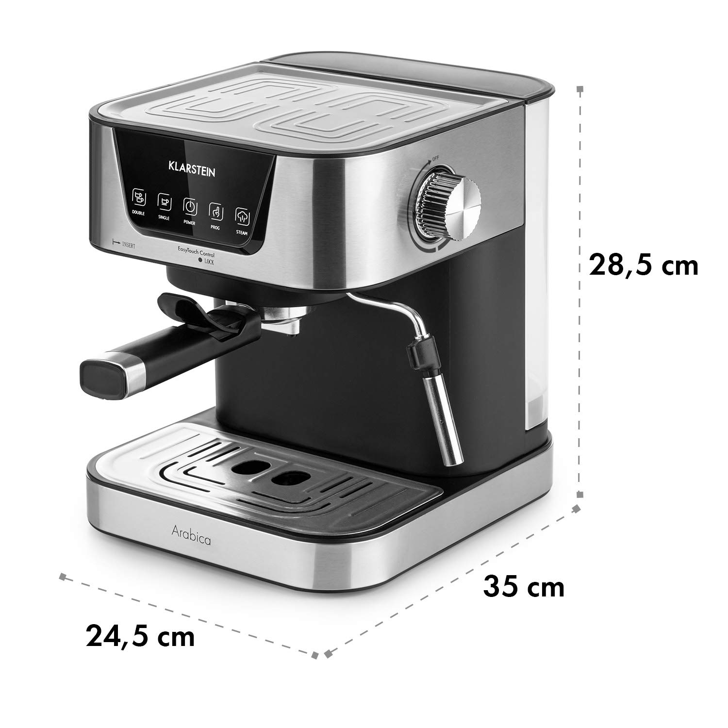 Klarstein Ekspres kolbowy 1,5 L na 2 filiżanki kawy, Mini ekspres ze spieniaczem do mleka, 15 barów, Mały kolbowy do kawy, Dobry do espresso, Ekspresy ze stali nierdzewnej 1050 W
