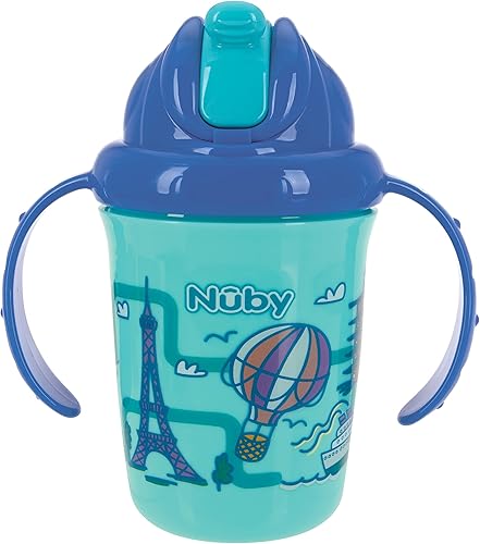 Nuby Vaso impreso con 2 asas antiderrames Flip-it Fat Straw - 8 oz 8.1 fl oz, más de 12 meses, 1 paquete de viaje