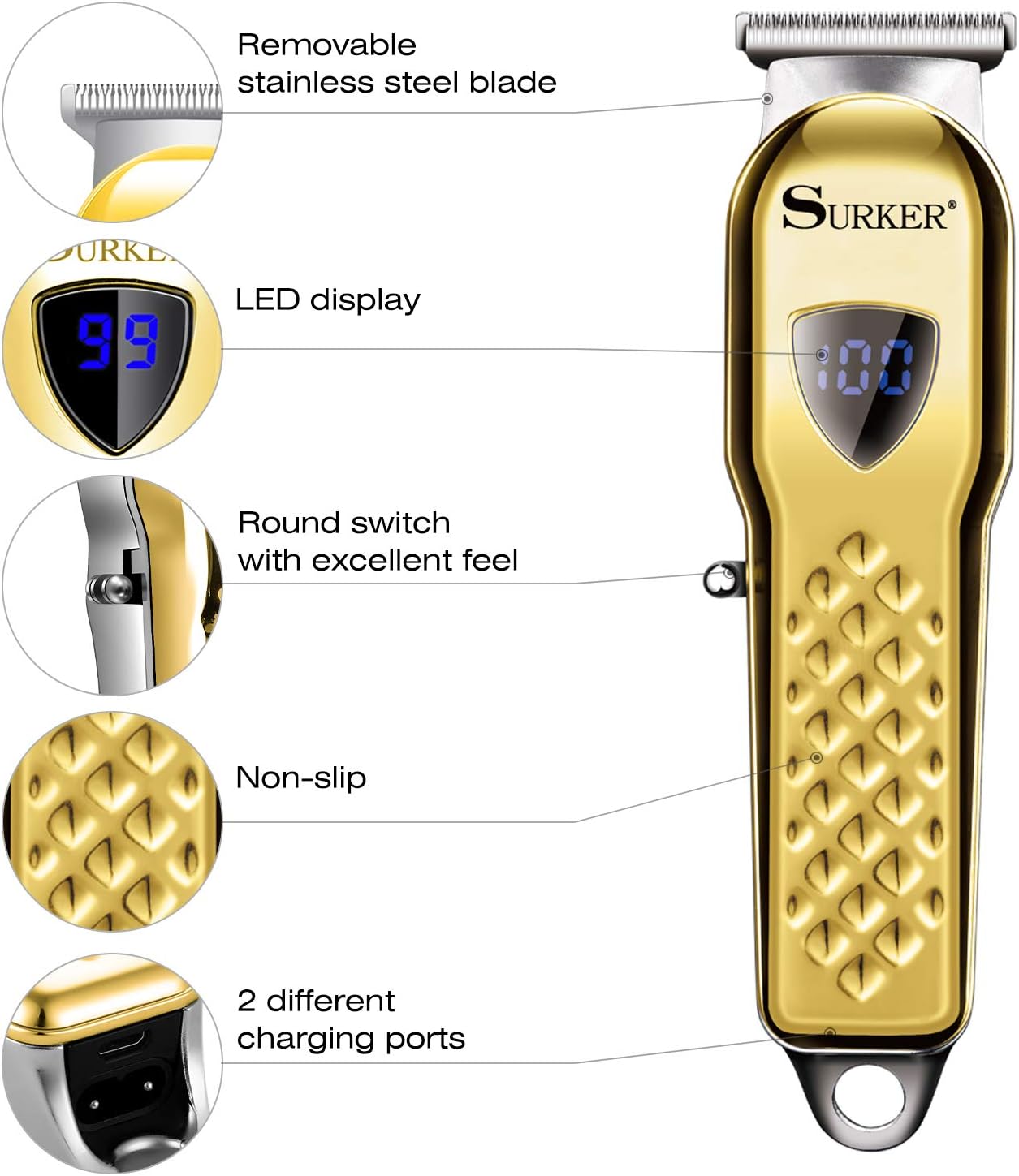 SURKER SK-755 Hair Clipper features including removable stainless steel blade, LED display, round switch, non-slip grip, and two charging ports.