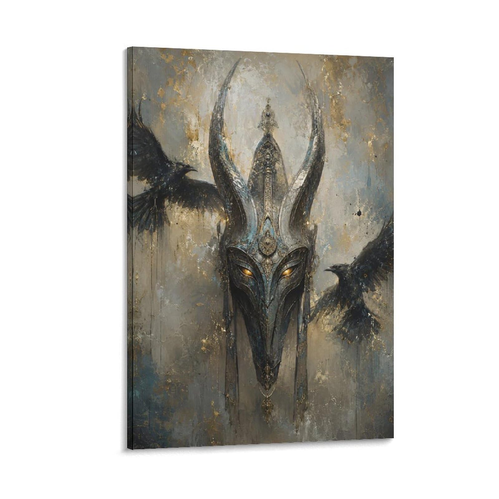 H3B8U2Y5 Viking Helmet Raven Flight Canvas Wall Art, Dark Nordic Fantasy