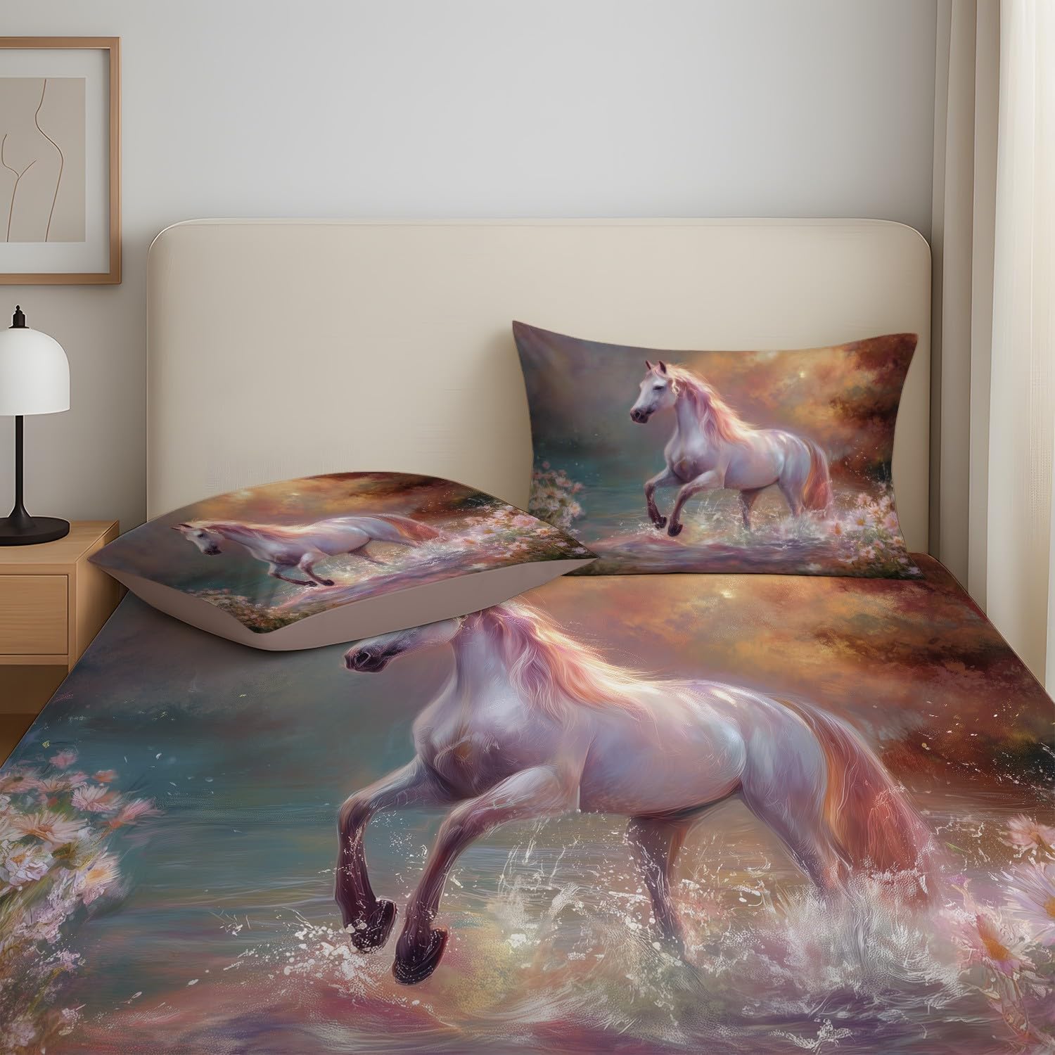 Eteryczne prześcieradło z gumką 180 x 200, fantazyjne prześcieradło z gumką, mistyczne nadrukiem dla dorosłych, motyw konia, 180 x 200 cm, na materac do 30 cm wysokości z 2 poszewkami na poduszkę