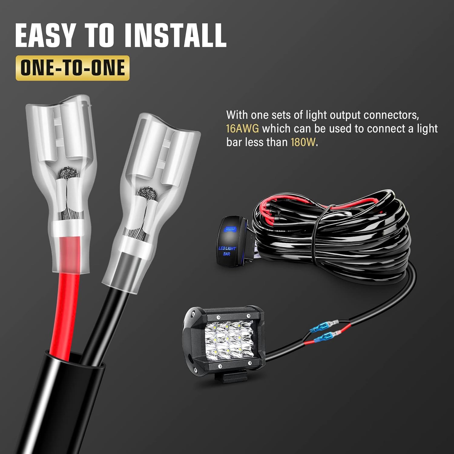 AUXTINGS LED Light Bar Wiring Harness Kit 12V 14AWG Heavy Duty 5Pin Rocker Switch Laser ON Off Waterproof Switch Power Relay Blade Fuse for Off Road Driving Lights Fog Work Lights (1 Lead)