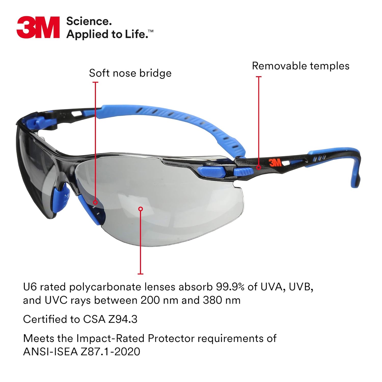3M Safety Glasses, Solus 1000, S1102SGAF, ANSI Z87, Scotchgard Anti-Fog Gray Lens, Blue/Black Frame, UV Protection, Premium Eye Protection, Padded Temple, Soft Nosebridge - Image 2