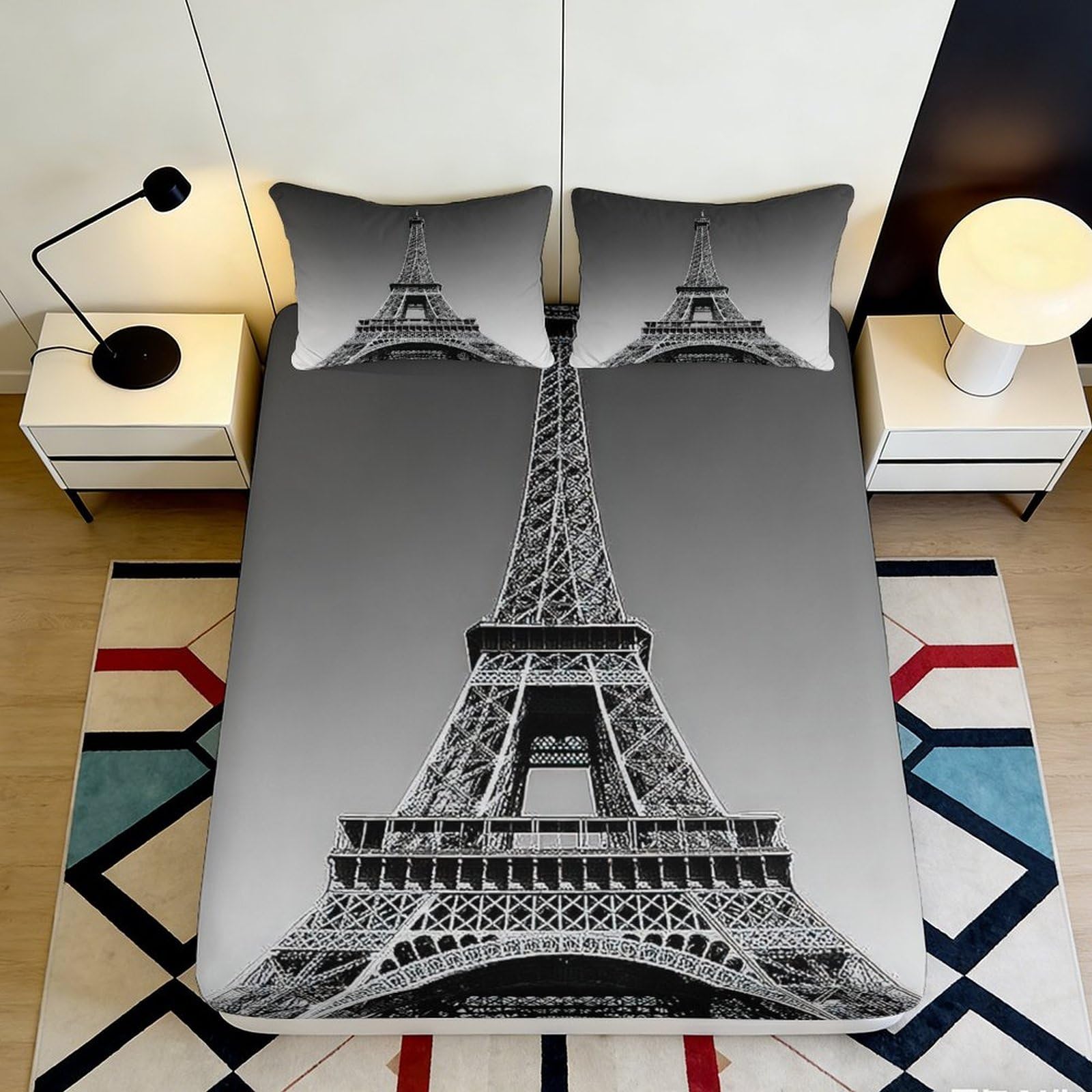 3D Printed Eiffel Tower Fitted Sheet Microfiber Soft Breathable Paris Landmark Bed Cover for Bedroom Dormitory Guest Room Mattress Protection Decor 140x200x25cm
