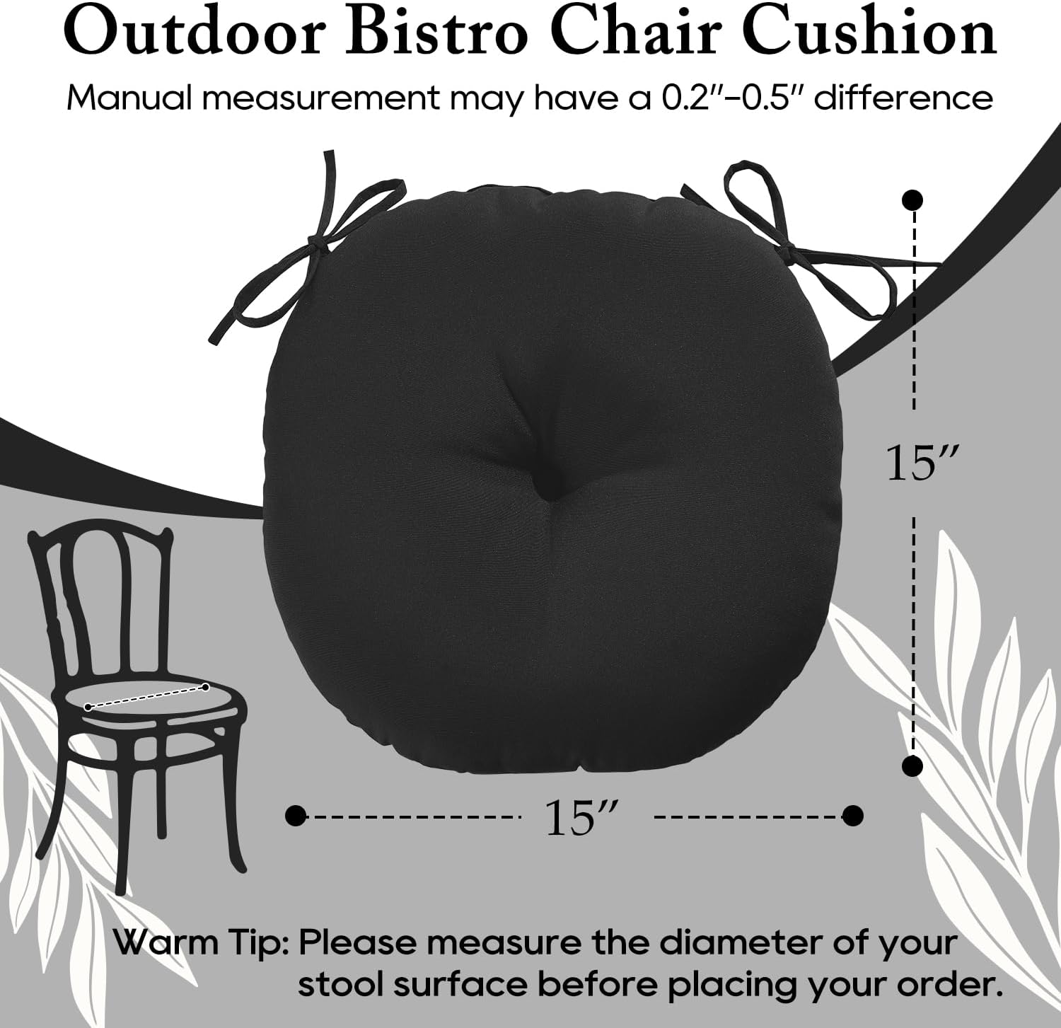 LOVTEX Bistro Chair Cushions Set of 4, Round Outdoor Chair Cushions, 15 Inch, Waterproof with Ties, Black