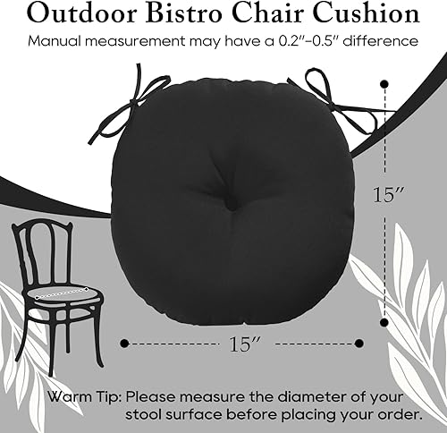 Miniatura 3 de LOVTEX Bistro - Juego de 2 cojines redondos para sillas de exterior de 15 pulgadas, impermeables, redondos, con lazos, cojines negros para sillas de