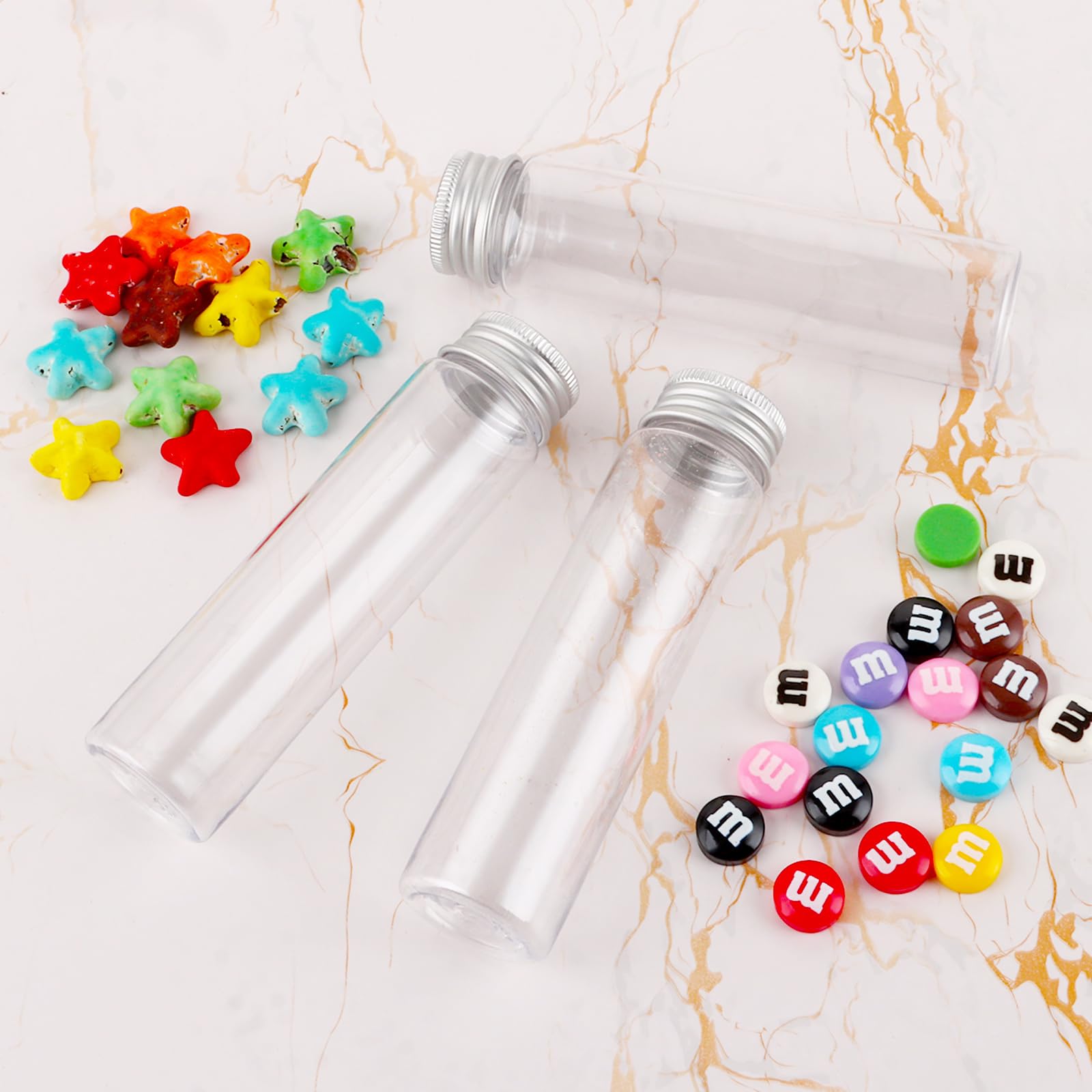 Lot de 36 tubes à essai avec bouchon à vis - 80 ml - Tubes à essai avec couvercle transparent - En plastique - Pour fleurs, bonbons, perles, plantes, sels de bain réutilisables