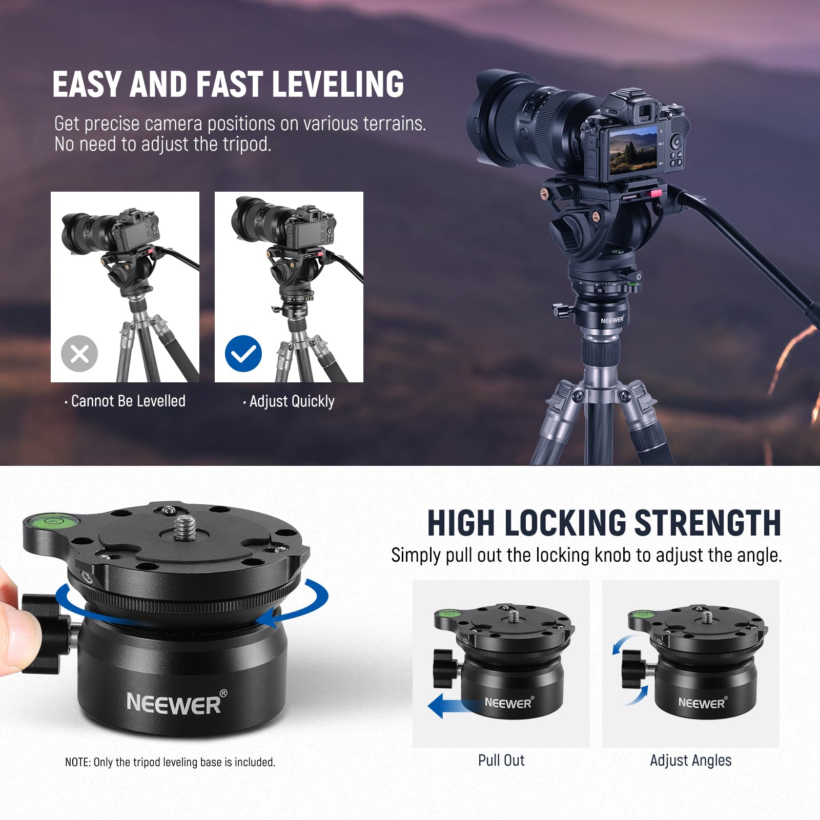 NEEWER Base Livellante per Treppiede(⌀60mm) Livellatore per Fotocamera, Piastra per Testa Treppiede Alluminio, Livella a Bolla, Vite 1/4" 3/8" Compatibile con Canon Nikon Sony DSLR e Videocamera, GM15