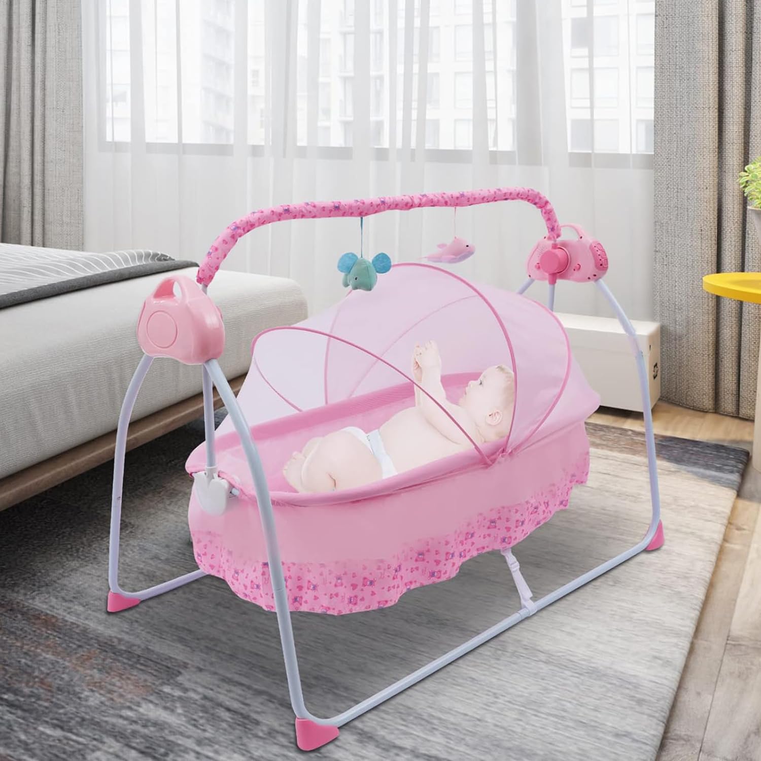 MUMOO BEAR Portable Baby Bassinet, Rocking Cradle Adjustable 5 Auto-Swing with Remote Control, Toys & Music Box for Infants and Toddlers (Pink)