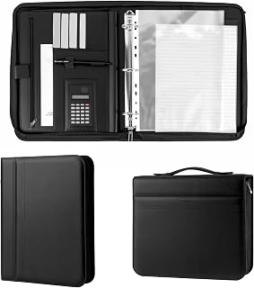 Faux Leather Portfolio Binder with Handle & Solar Calculator, Zippered 3-Ring Padfolio Folder Organizer with Notepad & Clipboard, Professional Business Resume Notebook for Men & Women (Black)