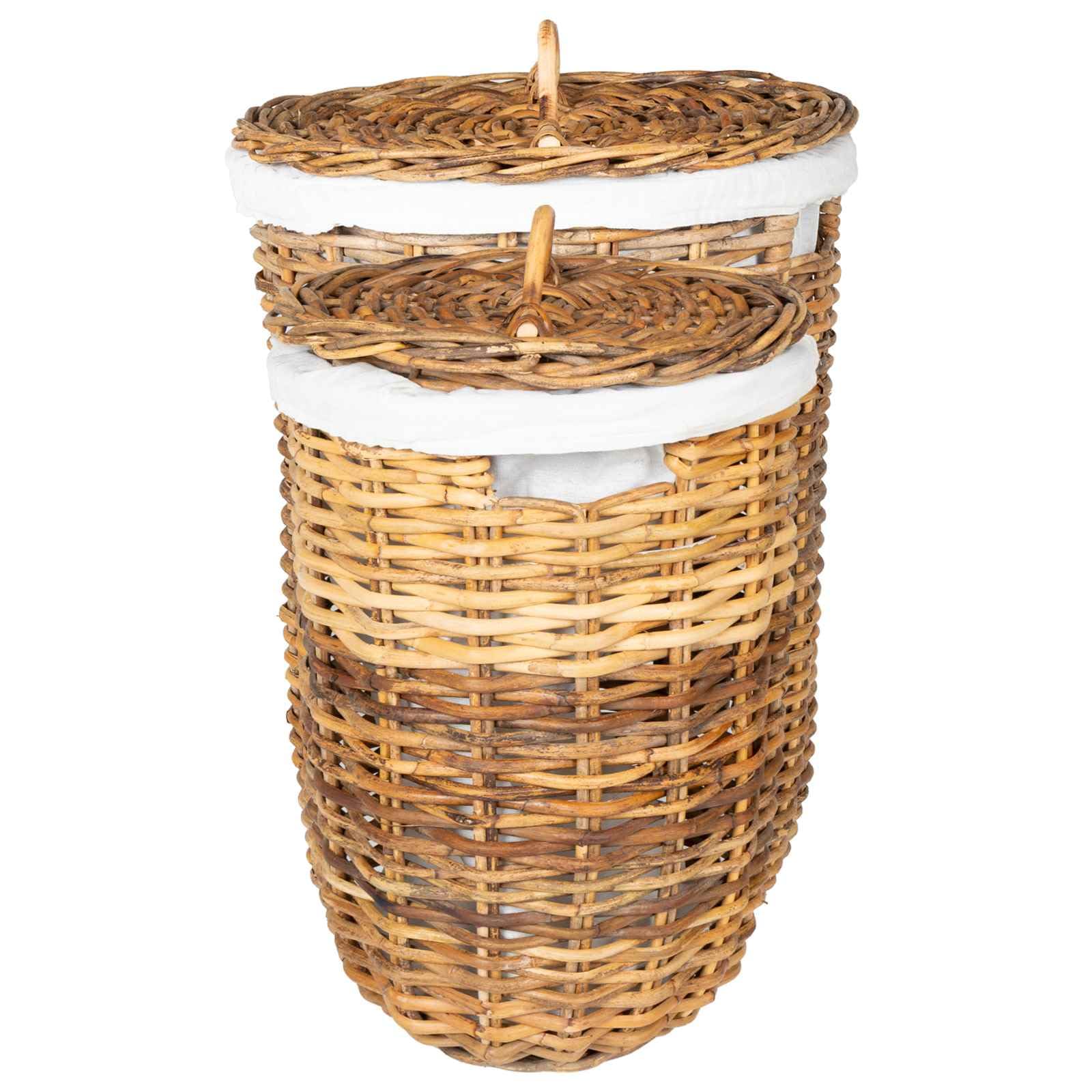 Generico Wäschekorb 2 Stück Braun Rattan Kubu mit Deckel, Set mit 2 Wäschekörben aus Naturfaser mit Belacu-Stoffbezug und Griffen, Größe 42 x 60 cm