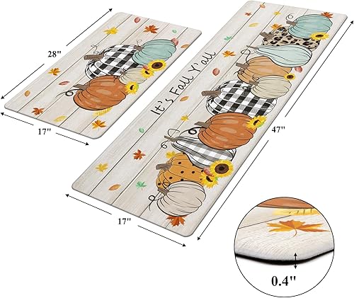 Miniatura 6 de Pauwer Juego de 2 alfombras de cocina de otoño, alfombra de cocina antifatiga, antideslizante, alfombra de cocina acolchada para piso, alfombra de