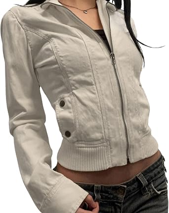 Womens Bomber Jacket Y2k Lapel Long Sleeve Cropped Light Jacket Zip Up Cargo Jacket Fall Coat 90s Streetwear