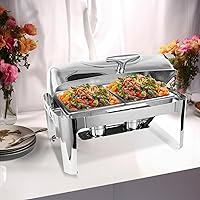 Vista 7 de Juego de bufé de platos con tapa enrollable con ventana visible, chafers de acero inoxidable de 9 cuartos y calentador de buffet para catering