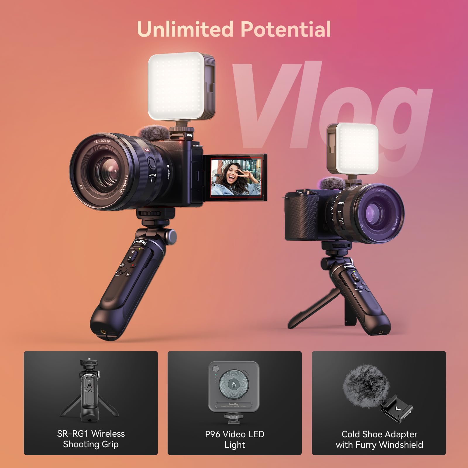 SMALLRIG Kit de Trípode Vlogging para Sony ZV-E1 / ZV-E10 / ZV-1 / ZV-1F, Soporte de Trípode Flexible, Trípode Vlog con Luz de Video LED y parabrisas peludo - 4258
