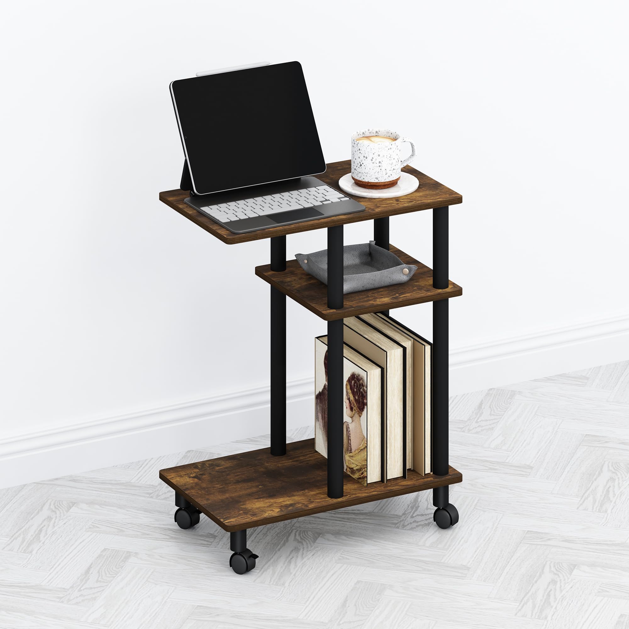 Furinno TOMI Side Table, 3-Tier C-Shape Open Shelf End Table with Wheels, Night Stand, Bedside Table, Toolless Assembly, for Living Room, Bedroom, Amber Pine/Black