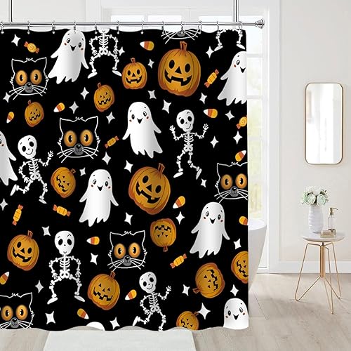 Miniatura 7 de Cortina de ducha de Halloween, cortinas de ducha de otoño negras para baño, cortinas de esqueleto de terror de Halloween, juego de cortina de ducha