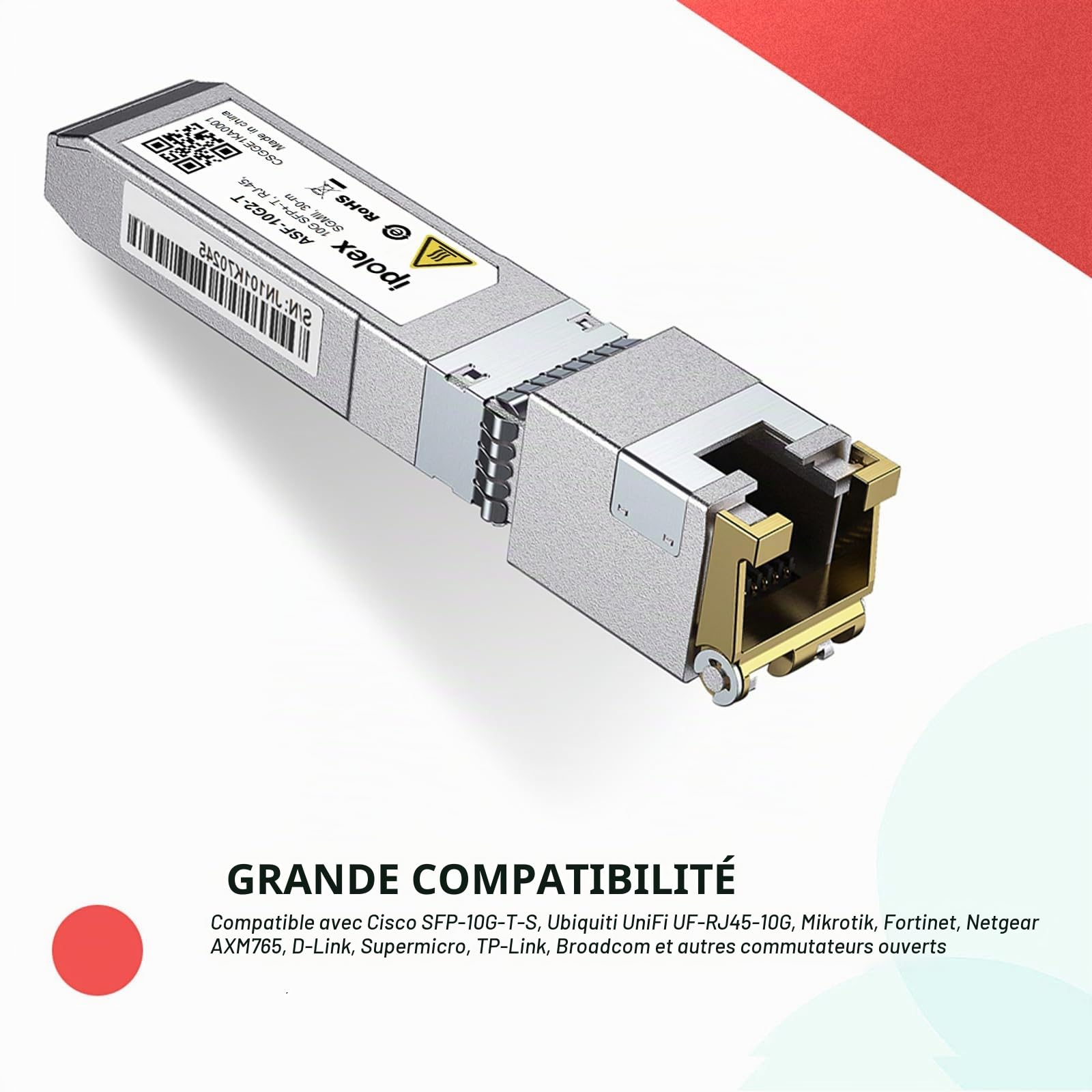 ipolex 1,25/2,5/5/10G SFP+ RJ45 Cuivre Transceiver avec Marvell IC, 10GBase-T RJ-45 SFP+ Module, compatible avec Cisco SFP-10G-T-S, Ubiquiti UniFi UF-RJ45-10G, Mikrotik, D/TP-Link(CAT.6a, 30m) 1 PC.