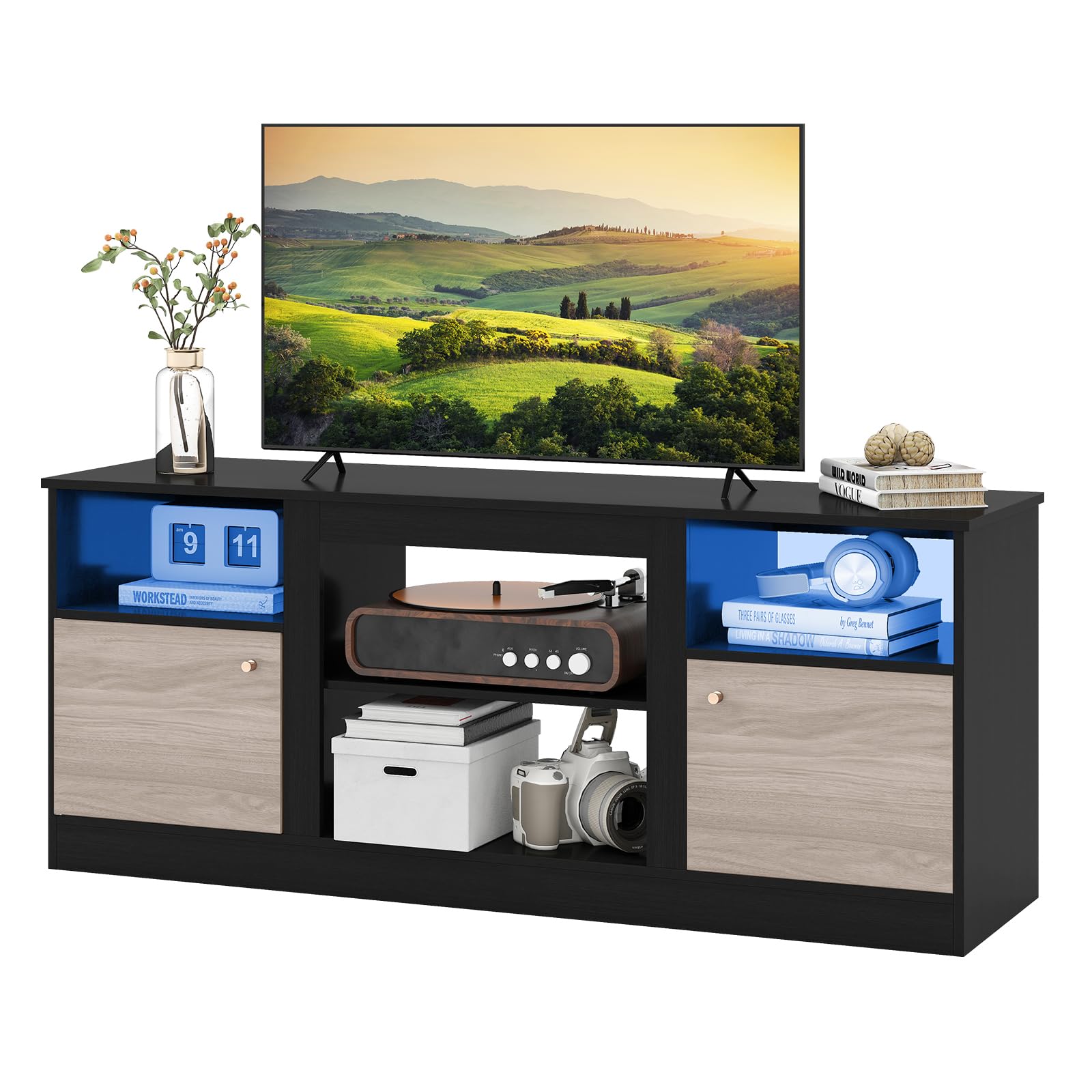 COSTWAY TV-Schrank mit LED-Lichtern für 65" Fernseher, Fernsehschrank mit verstellbarem Regal & offenem Fach für Einbaukamin, TV Lowboard für Wohnzimmer & Schlafzimmer, Schwarz