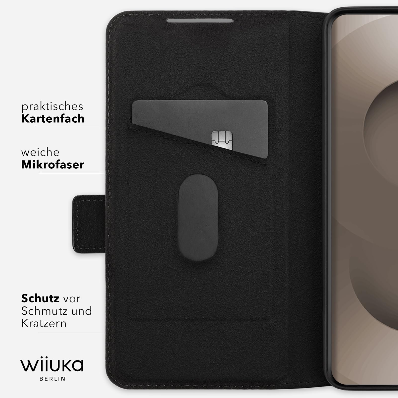 WIIUKA Hülle für Samsung Galaxy S26 Ultra, Leder aus Deutschland, Standfunktion & Kartenfach, Lederhülle extra Dünn, Premium Handyhülle, Klapphülle für Samsung S26 Ultra, suiit Schwarz
