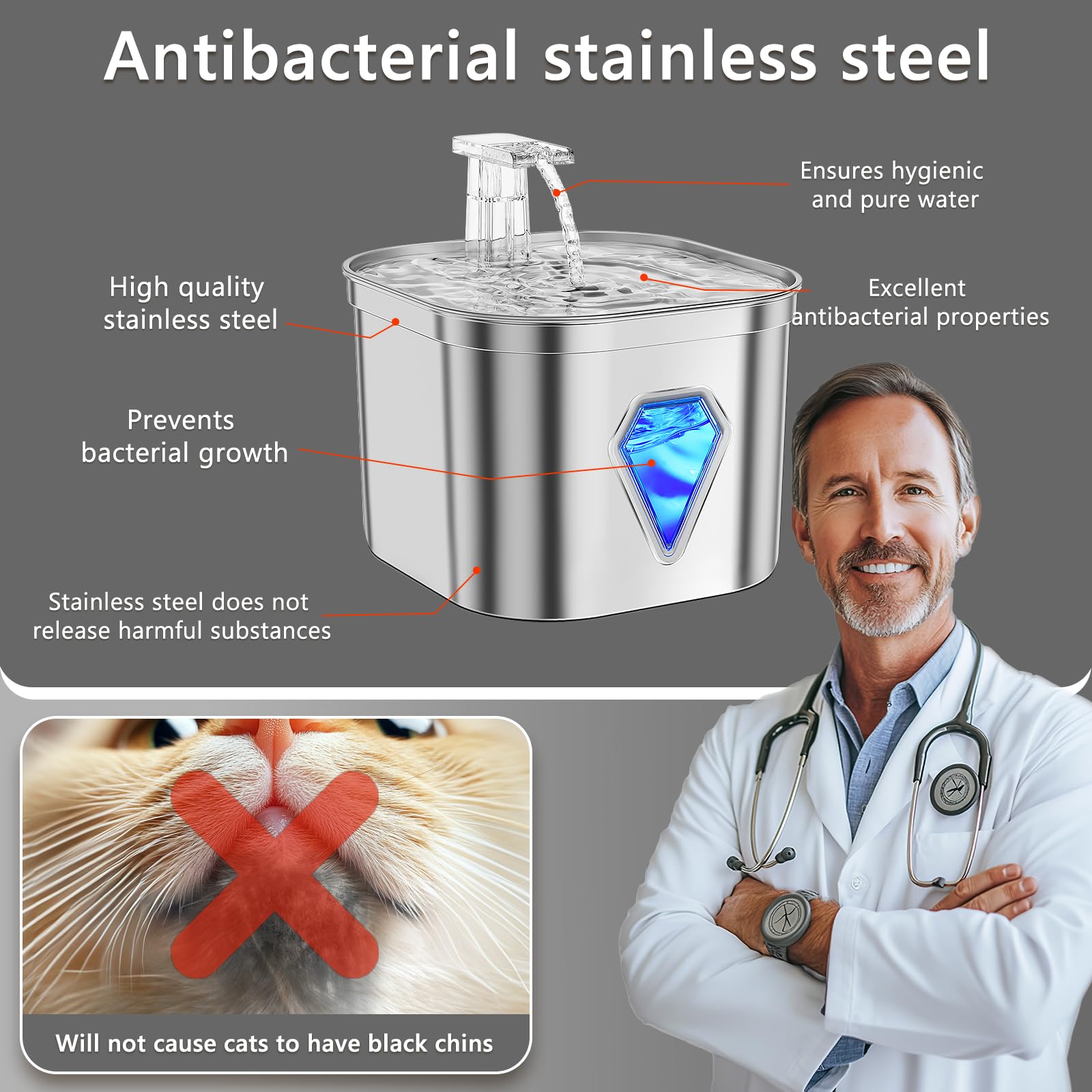 Tyonto Fontana per Gatti in Acciaio Inox con Luce LED, 2,5 L, Ultra Silenziosa, Alimentato via USB, Fontana d'Acqua e Carbone Attivo, Filtrazione a 5 Livelli, per Gatti e Cani