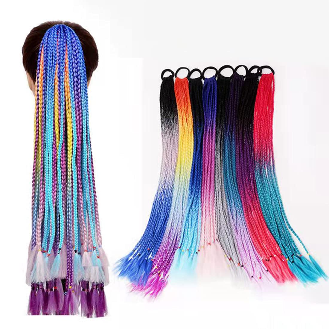 Colorful Braided Ponytail On Black Hair Elastic, Accessories For Girls, Teens Amazon.com : Colored Hair Extensions for Kids, Braided  main image 3