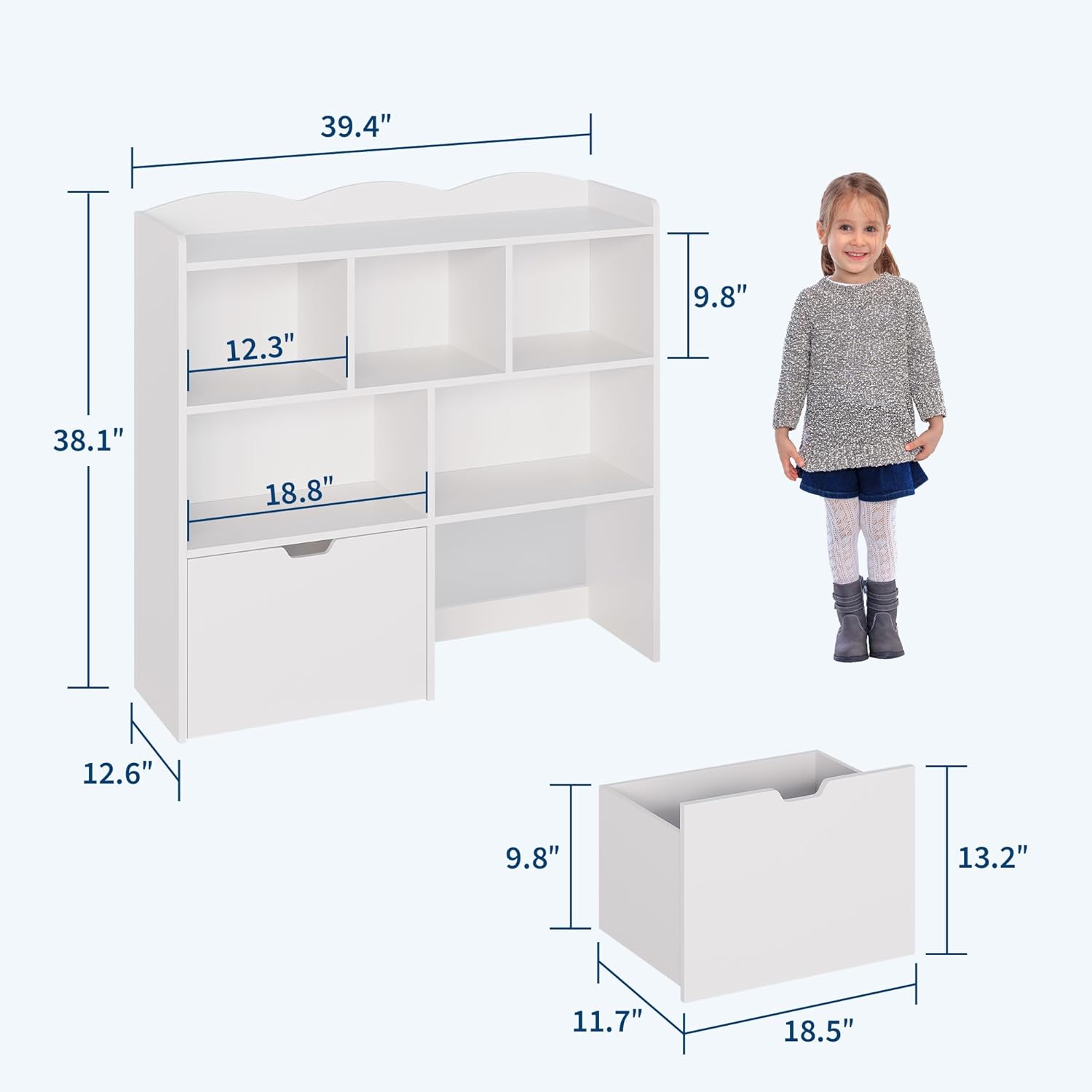 Garvee Toy Storage Organizer with Movable Drawers, Kids Bookshelf with Hidden Wheels & Open Cubbies, Multifunctional Floor Storage Chest for Playroom, White