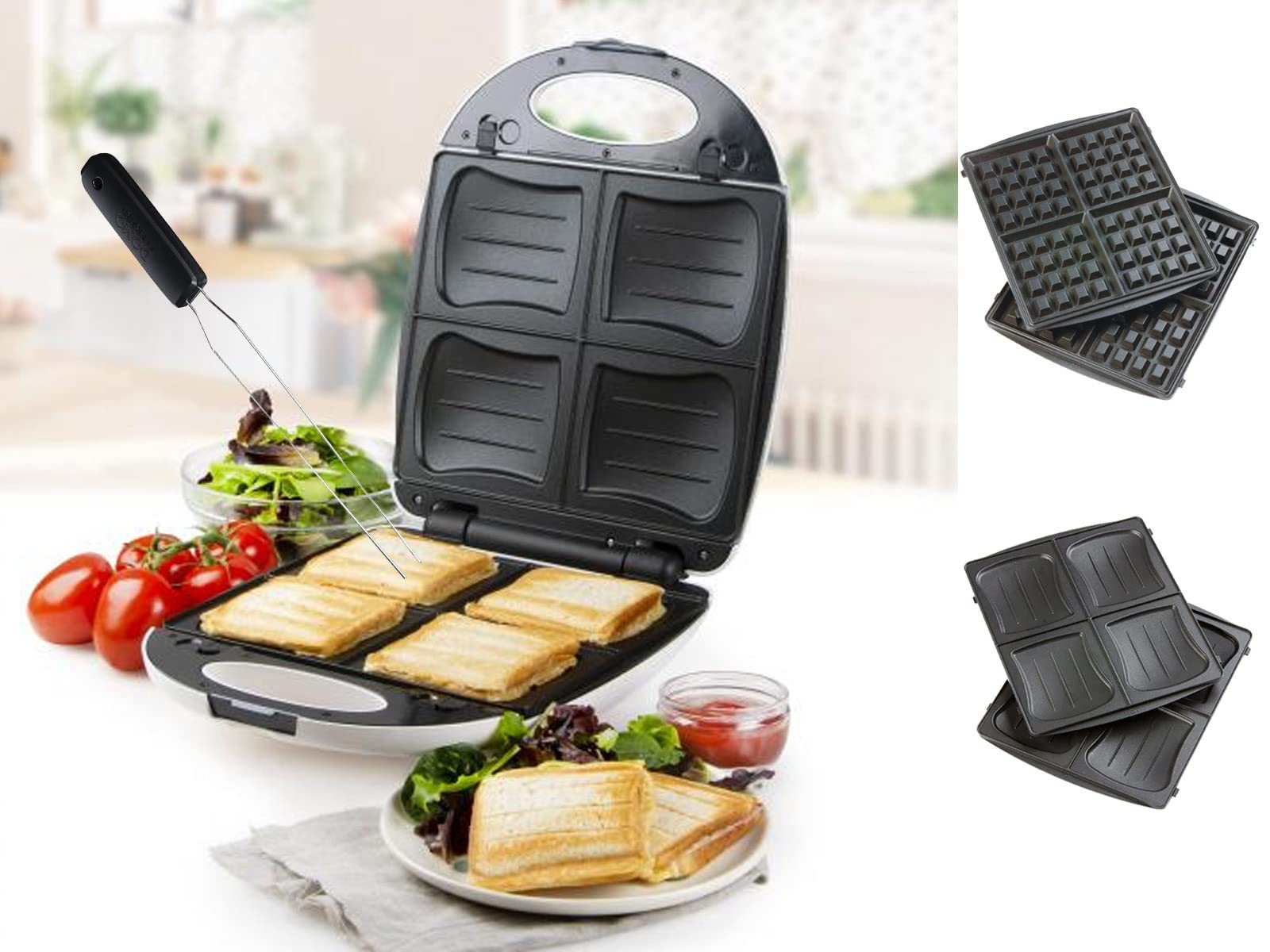 Sandwichera XXL 2 en 1, 4 placas de conchas y gofrera, 1200 W