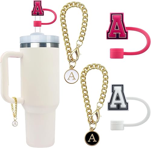 Miniatura 7 de Velaco Paquete de 4 piezas de accesorios con dije de letra inicial y cubierta de pajilla, cadenas con letra inicial para vaso Stanley de 20, 30, 40