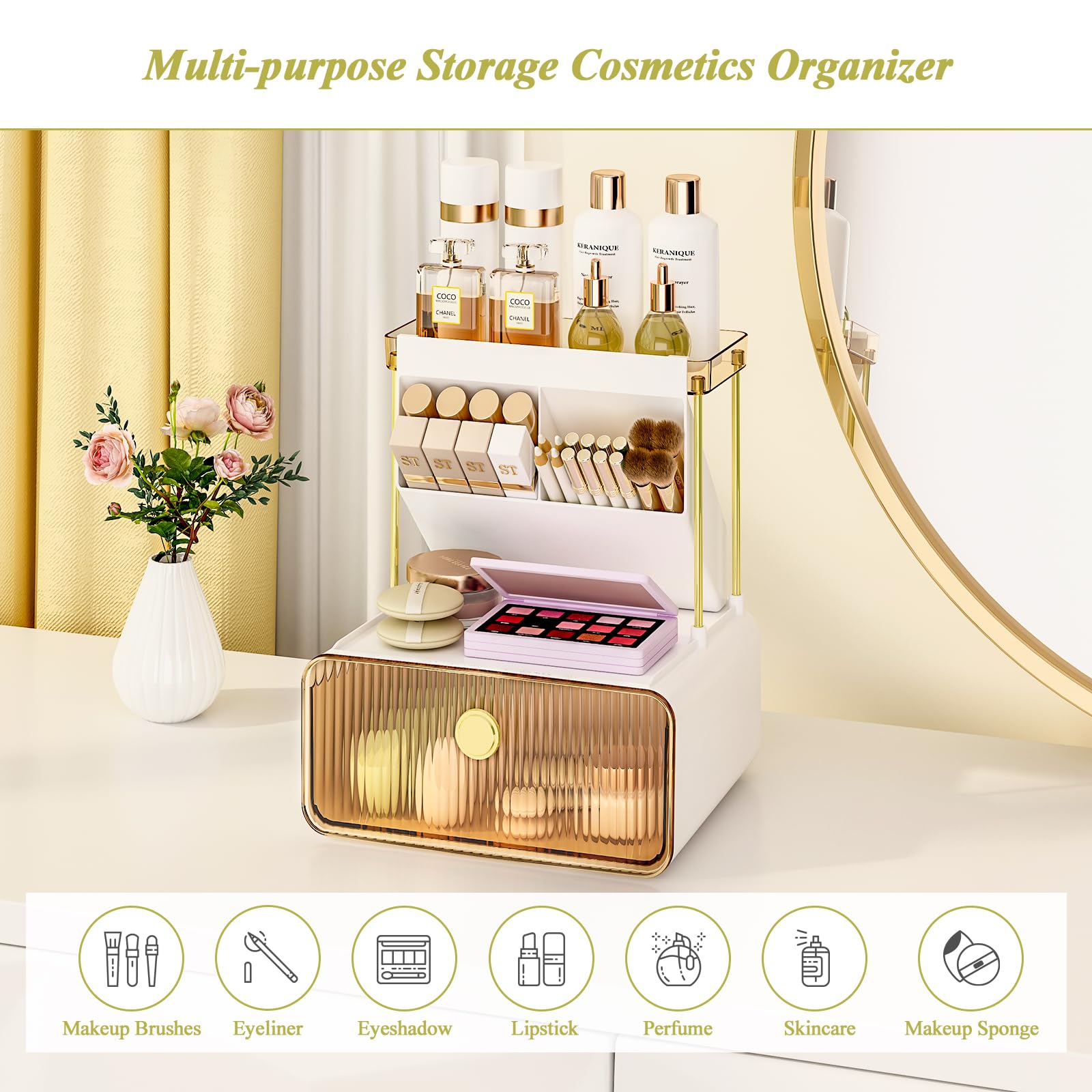 FOLLOWIN Organiseur de maquillage avec tiroir de rangement, présentoir cosmétique avec support pour rouges à lèvres, brosse à parfum, organisateur de cosmétiques et fournitures de beauté pour
