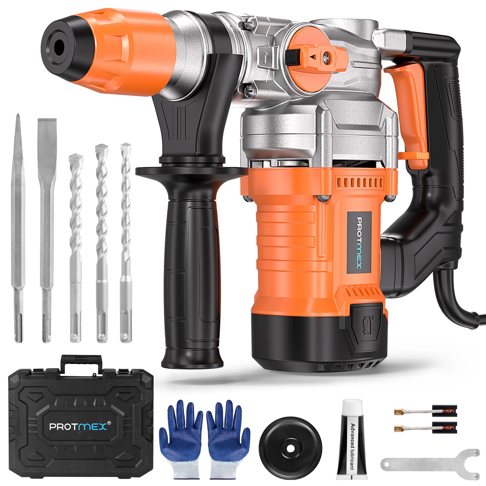 1-1/4 Inch SDS-Plus 13 Amp Heavy Duty Rotary Hammer Drill with Safety Clutch 3 Functions, Vibration Control, for Floor Tile Removal, Concrete Breaker, Including Grease, Chisels & Drill Bits