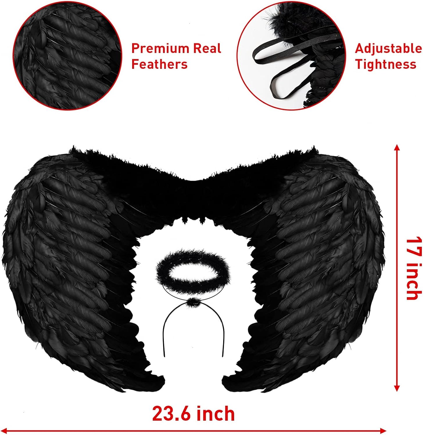 Miniatura 5 de YoleShy Diadema de alas de ángel negras y aureola de Halloween disfraz de alas negras para mujeres adultas alas de diablo de plumas de primera