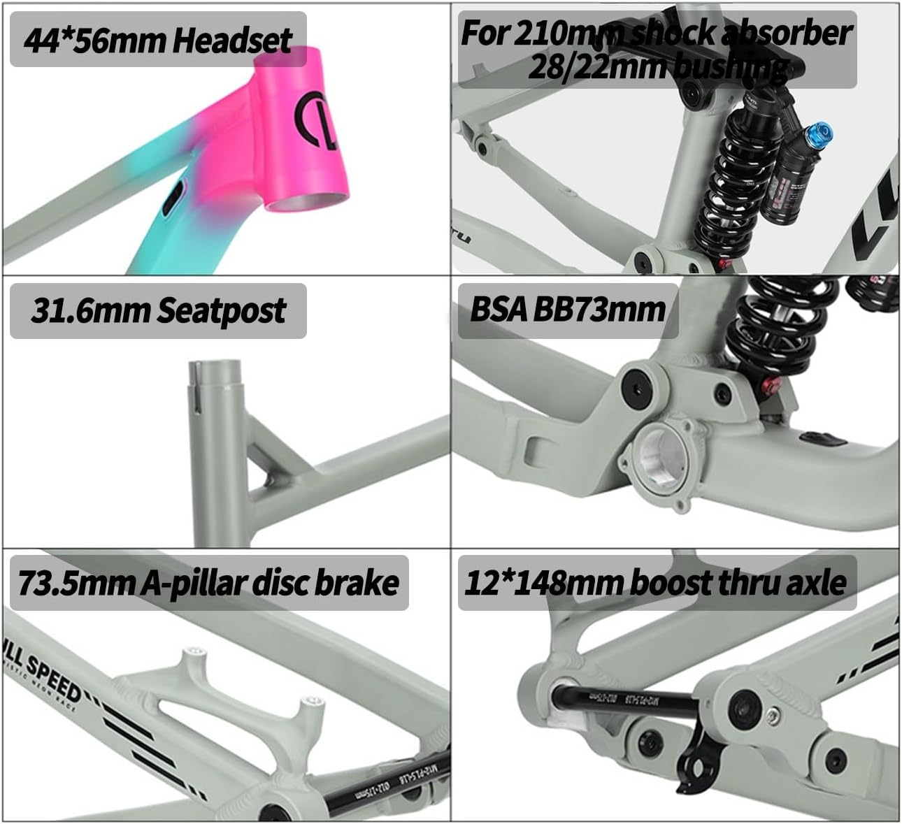 27.5er 29er Mountain Bike Frame 15.9" 17.9" Full Suspension Downhill Frame DH Aluminium Alloy Soft Tail Frame Travel 160mm Disc Brake 12*148mm Boost Thru Axle With Shock Absorber(Gray,29*17.9")