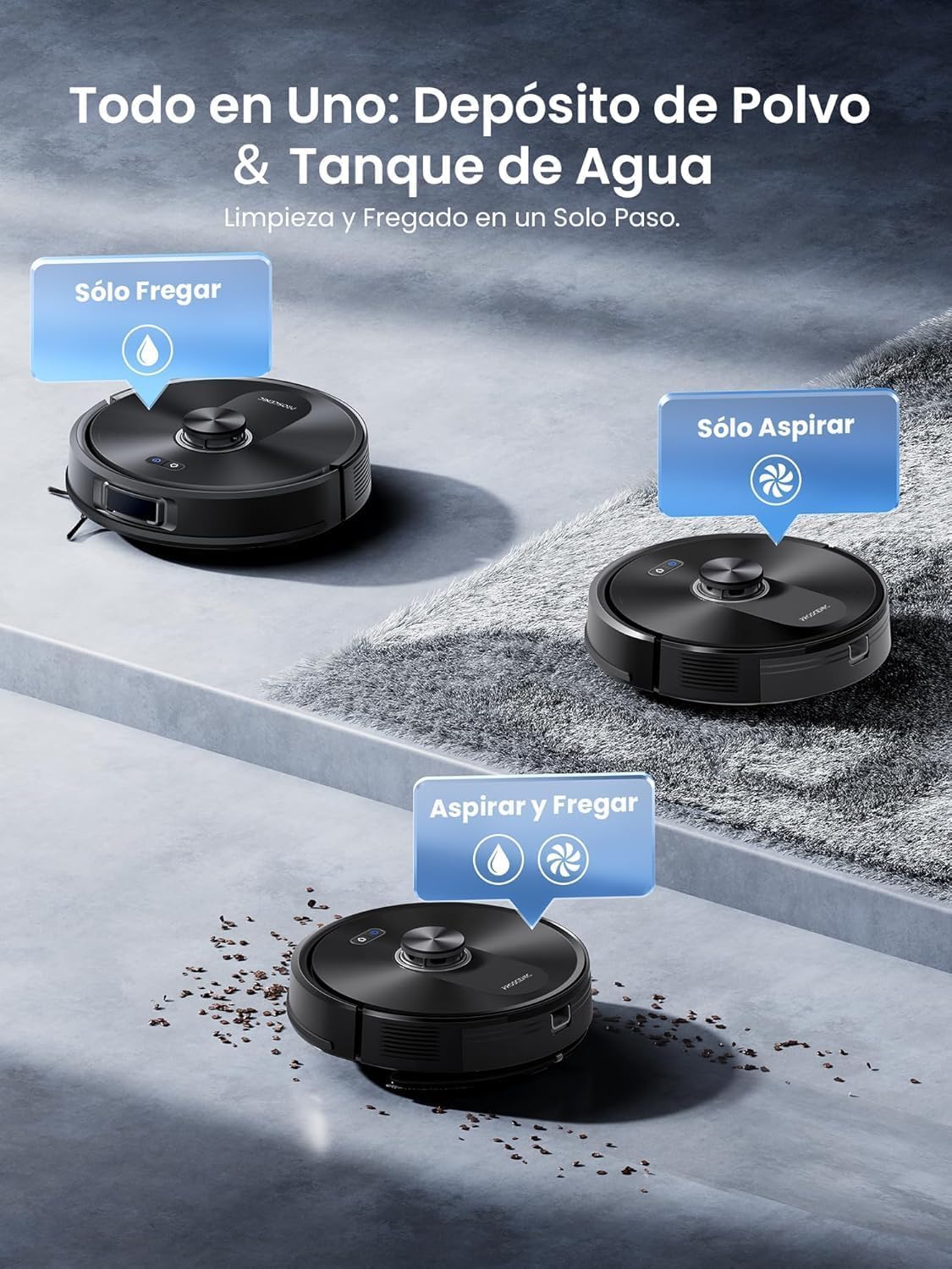 Proscenic Robot Aspirador 8000 Pa/200Min Autonomía con Fregado, Navegación LIDAR, Adaptación Alfombras, por App/Voz/Control Remoto/Apple Watch para Suelos, Alfombras y pelos de Mascotas