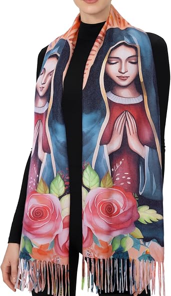 Virgen de Guadalupe Prayer Shawl Scarf Catholic Gifts For Women Mom Mexican Virgin Mary Pashmina Scarves Wrap Black Rose