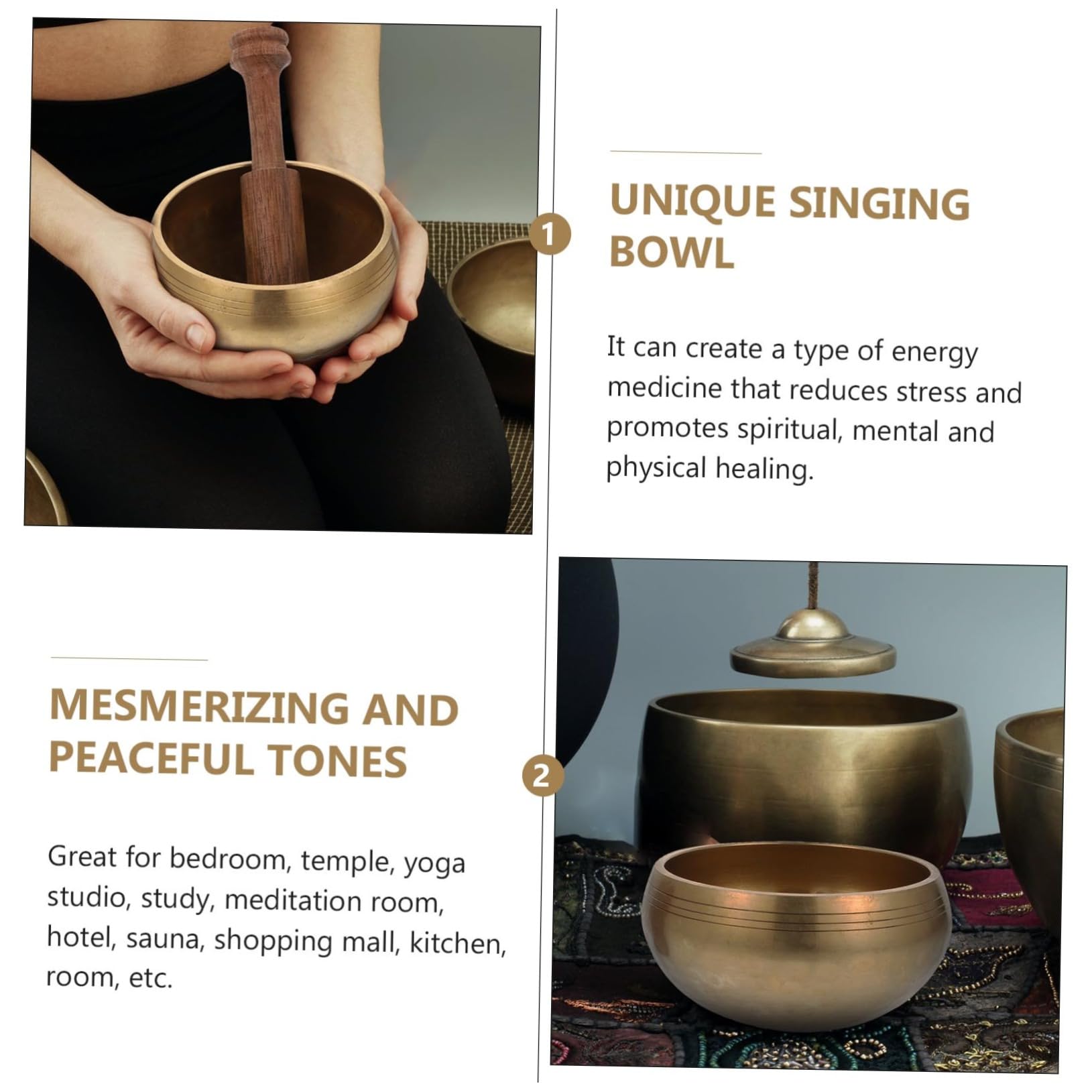 Campana Tibetana in Rame Bastoncino in Legno Set per Meditazione Yoga e Relax in Tempio e Centri Commerciali