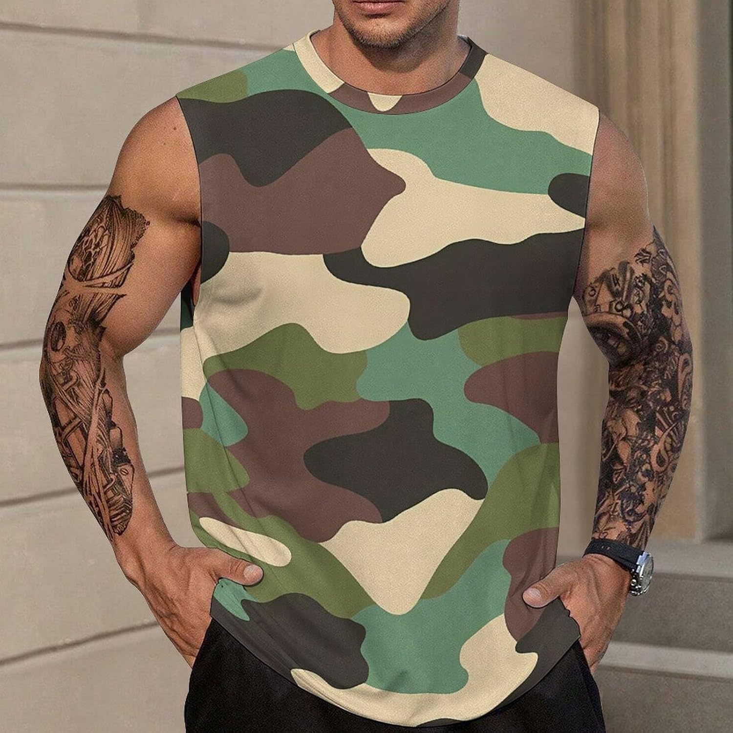 Camouflage Men Summer Sleeveless Crew Neck Top 5XL