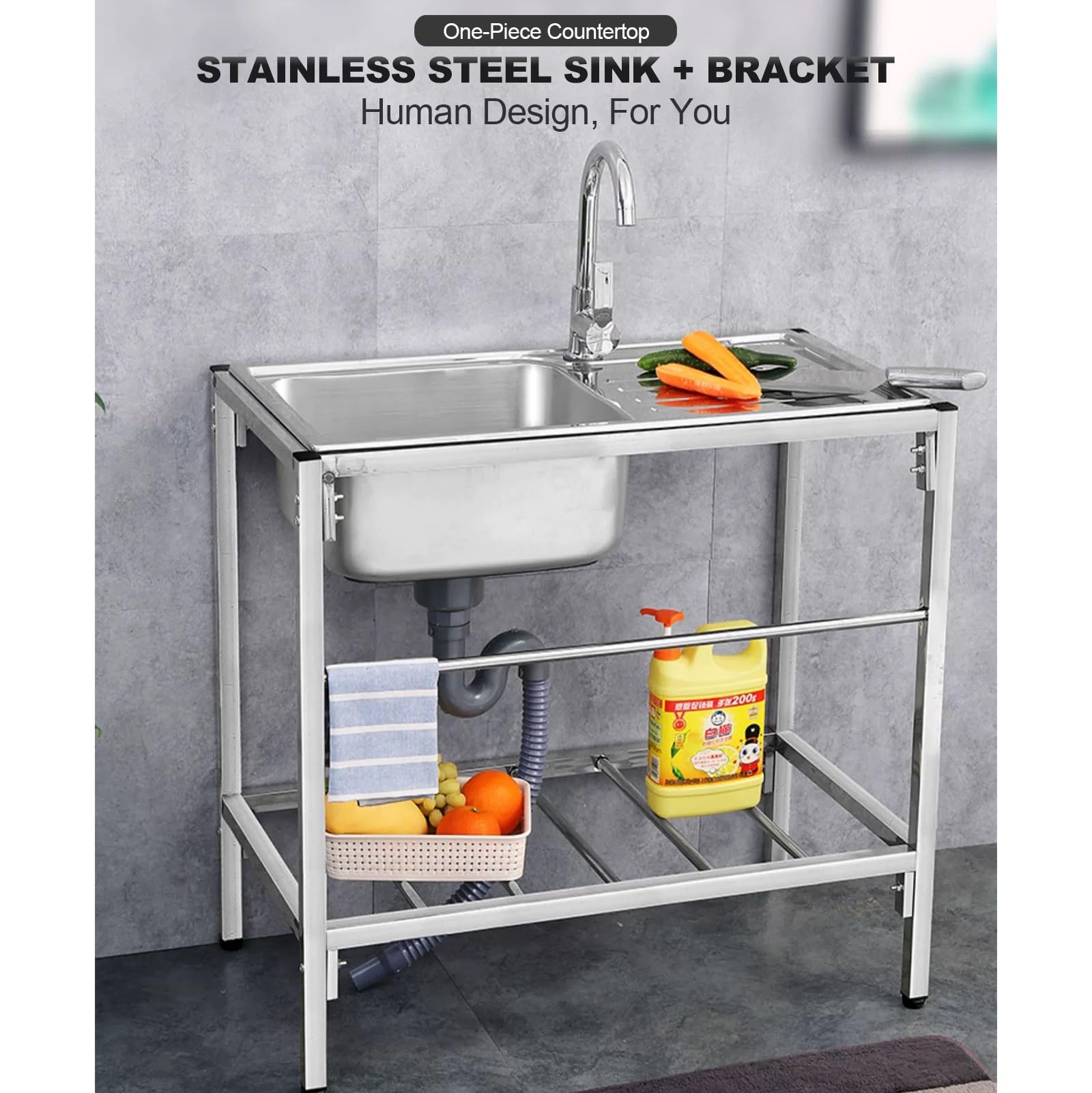 SDdPulse Lavello da cucina in acciaio inox con scolapiatti per rubinetto commerciale e ripiani portaoggetti, lavello autoportante per stanza, garage, cantina, uso esterno e interno, caldo e freddo