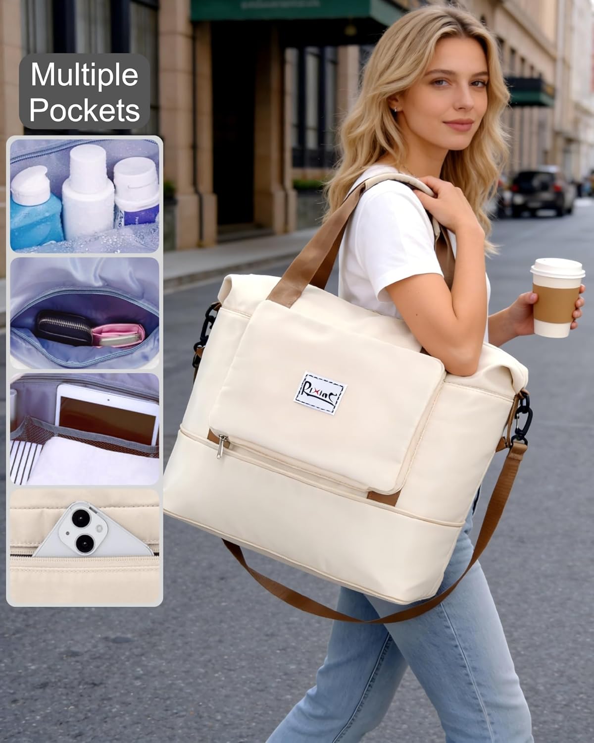 Foldable Travel Bag, 40L Duffle Bag for Travel with Multiple Pockets, Expandable Gym Carry On Bag, Overnight Weekender Bags for Women (Beige) - Image 2