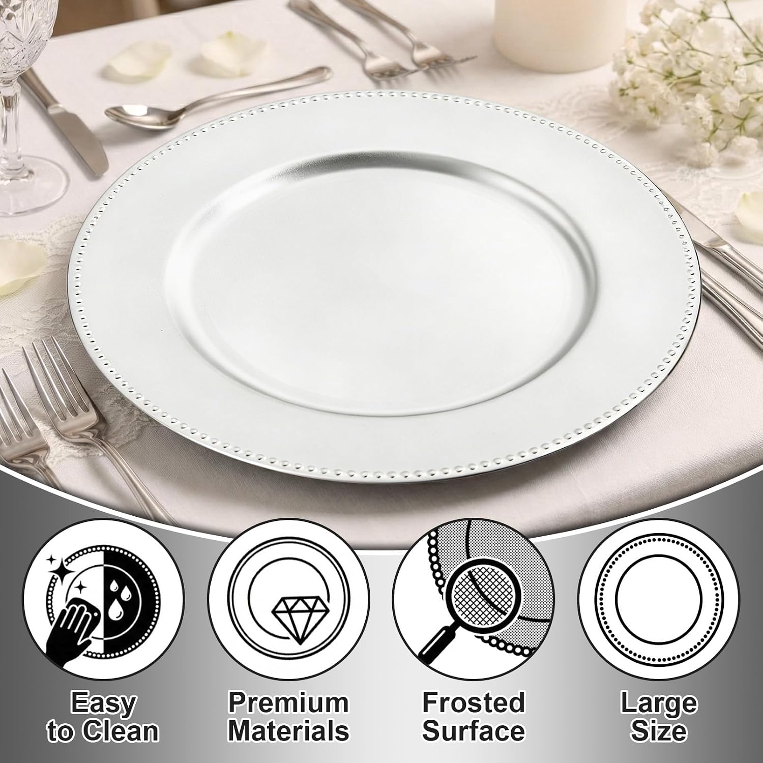 10 Pack Charger Plates Bulk, 13 Inch Silver Plastic Charger Plates
