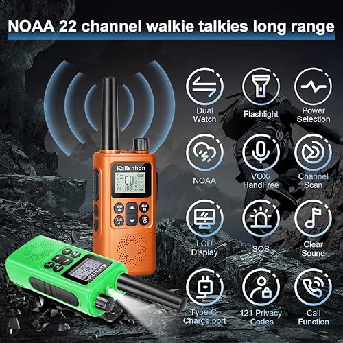 Miniatura 2 de Walkie Talkies de largo alcance con alerta de llamada NOAA Dual Watch Linterna Pantalla LCD VOX 22 canales, Walkie Talkies para adultos con base de