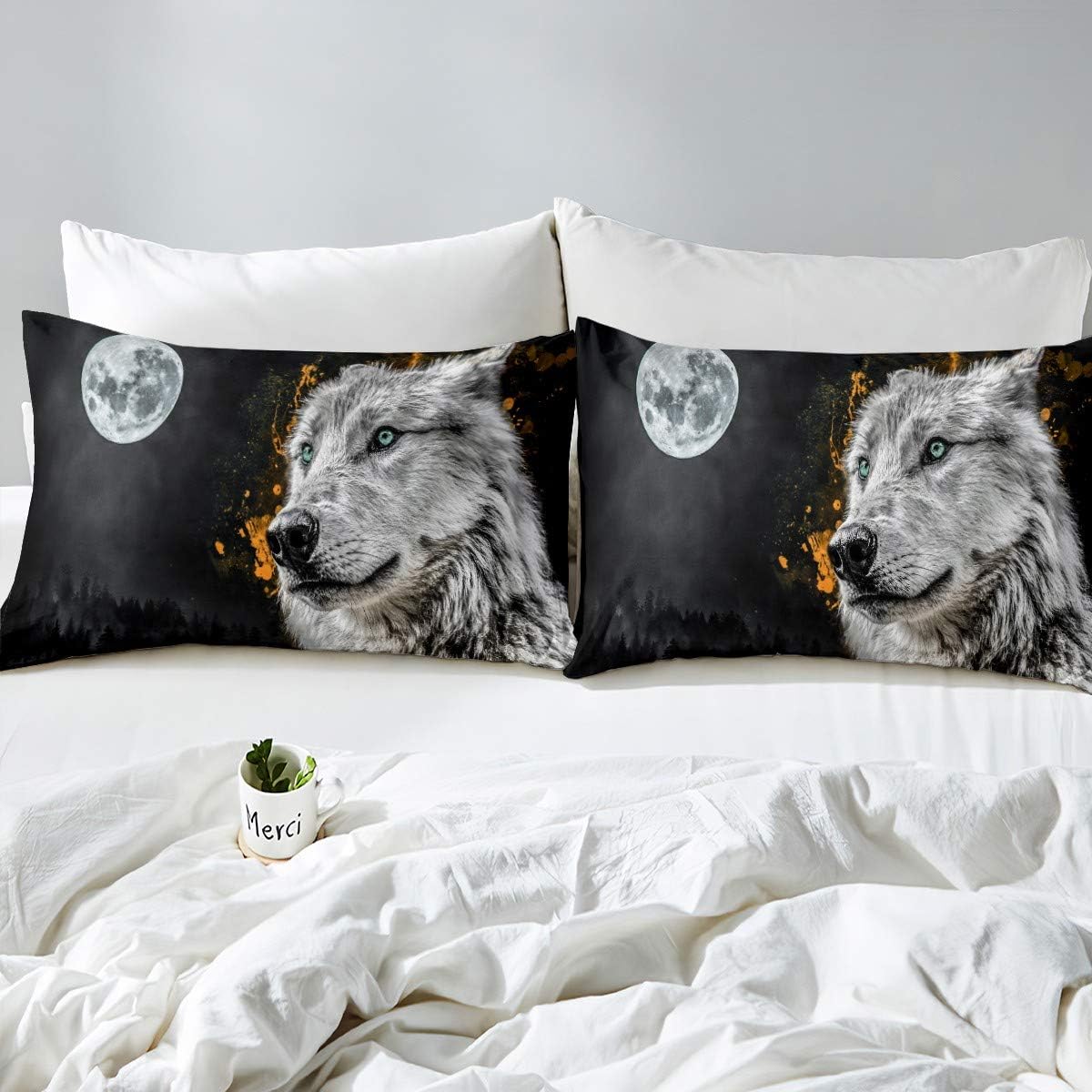 Wolf Print Bedding Set Cool Wildlife Style Comforter Cover for Kids Boys Girls Teens Moon Night Safari Animal Pattern Lightweight Microfiber Duvet Cover Decor 3Pcs Bedclothes Full Size Colour 14 Full 79"x91"(No Comforter)