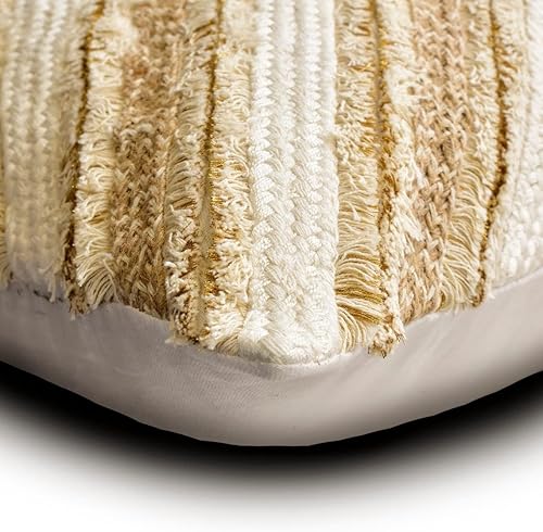 Miniatura 7 de The HomeCentric Fundas de almohada decorativas beige de 18 x 18 pulgadas, fundas de almohada de lino y yute para sofá, patrón geométrico moderno de