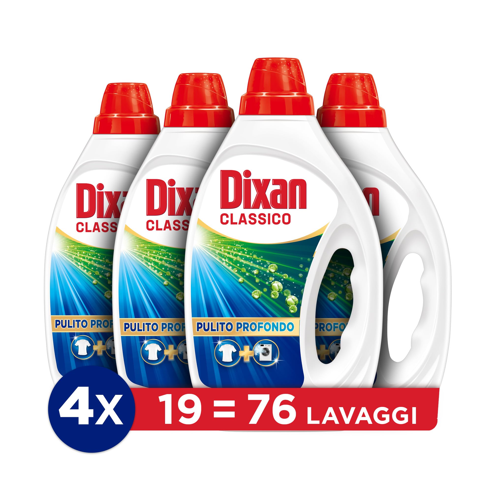 Dixan Liquido Classico Detersivo Lavatrice Formato Scorta (4 x 19 Lavaggi), Detersivo liquido lavatrice per una pulizia del bucato e freschezza igienica per la lavatrice, Rimuove le macchie da 20°C